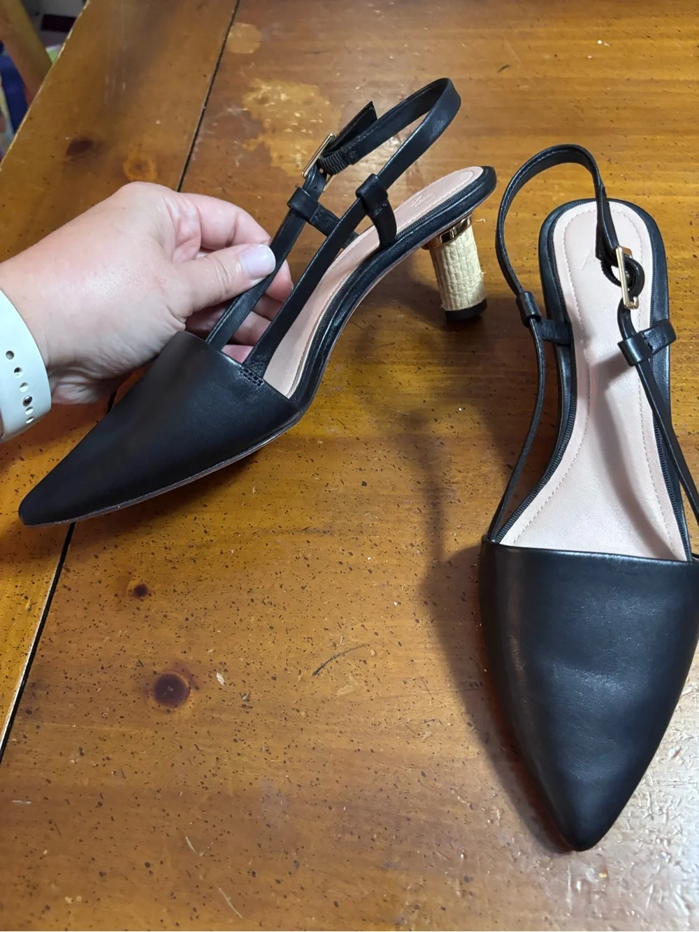 Black Pointed Slingback Heels with Woven Gold Heel Accent